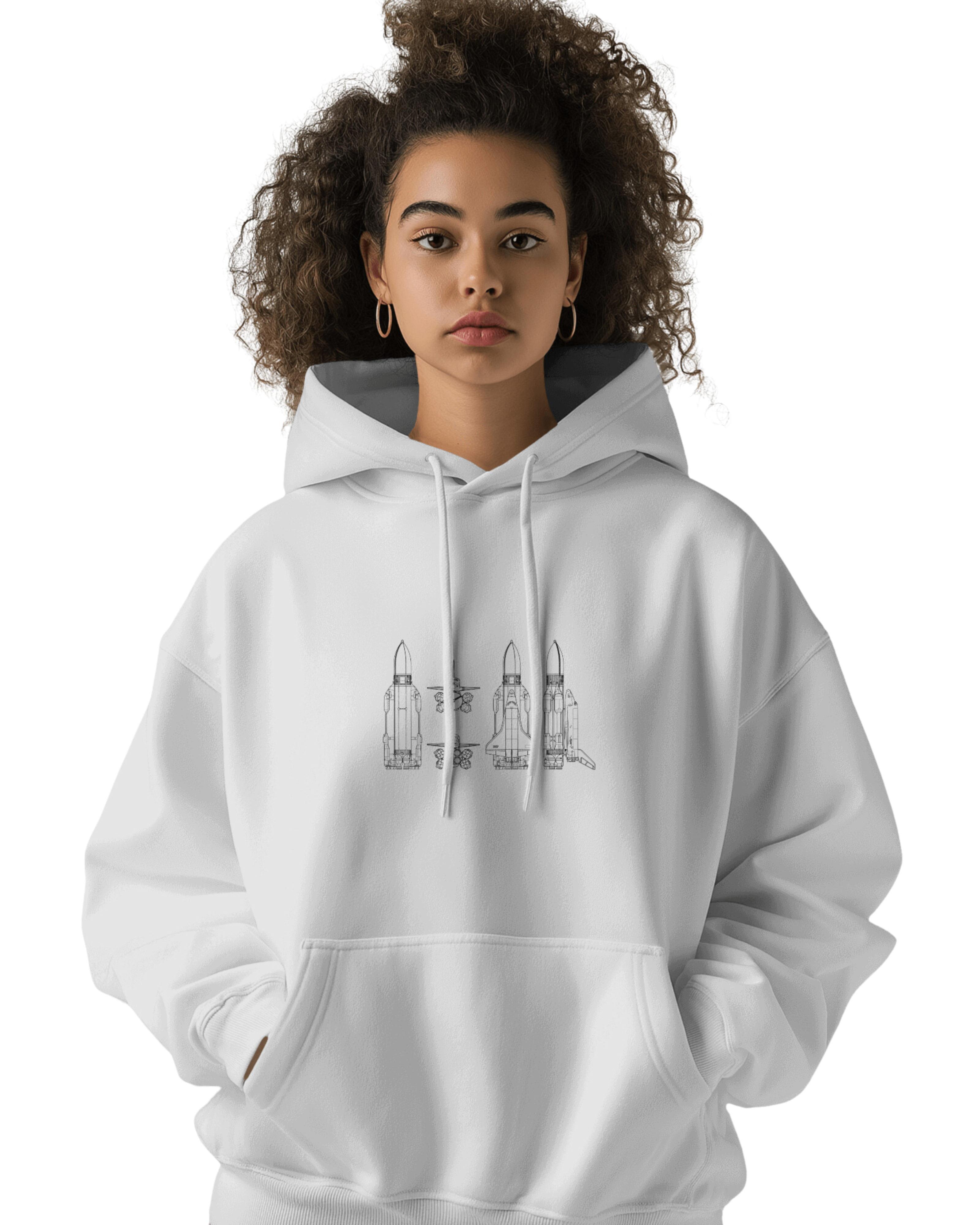 UNISEX WHITE ROCKETS HOODIE – SPACE EXPLORATION DESIGN