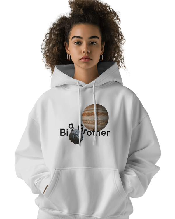 WHITE BIG BROTHER HOODIE – JUPITER AND EARTH DESIGN | Astronomy | Space | WearTheCosmos