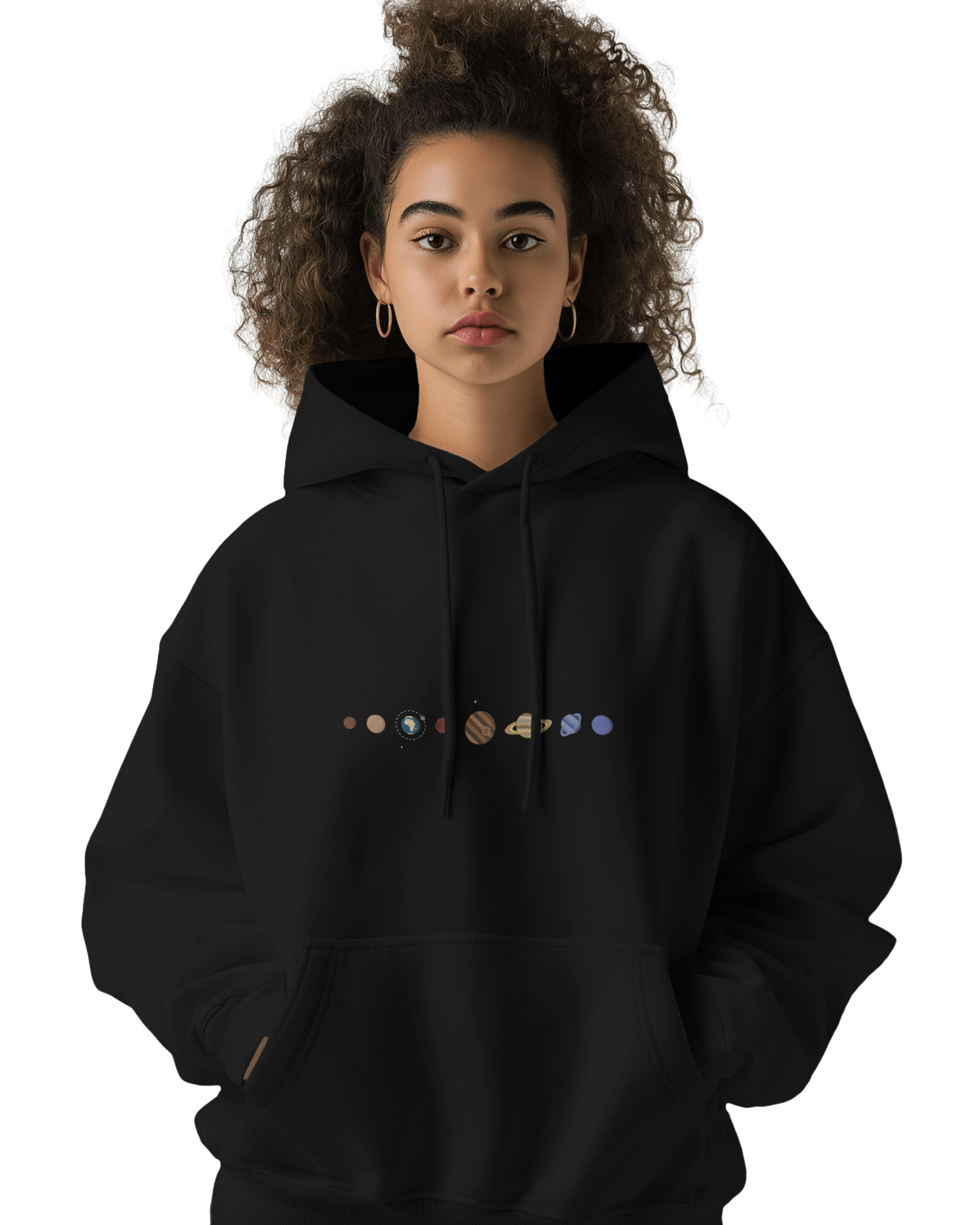 UNISEX BLACK SOLAR SYSTEM HOODIE – PLANET GRAPHIC SIMPLE DESIGN