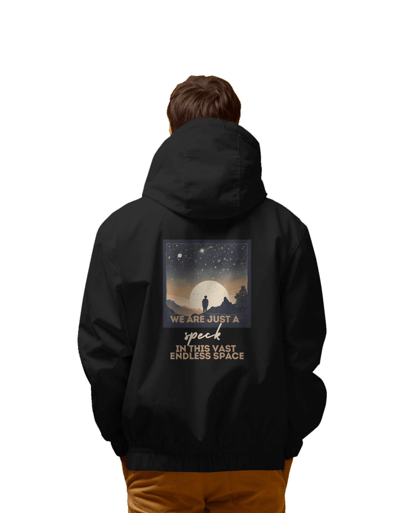 WE ARE JUST A SPECK -  UNISEX BLACK HEAVYWEIGHT ZIPPER HOODIE