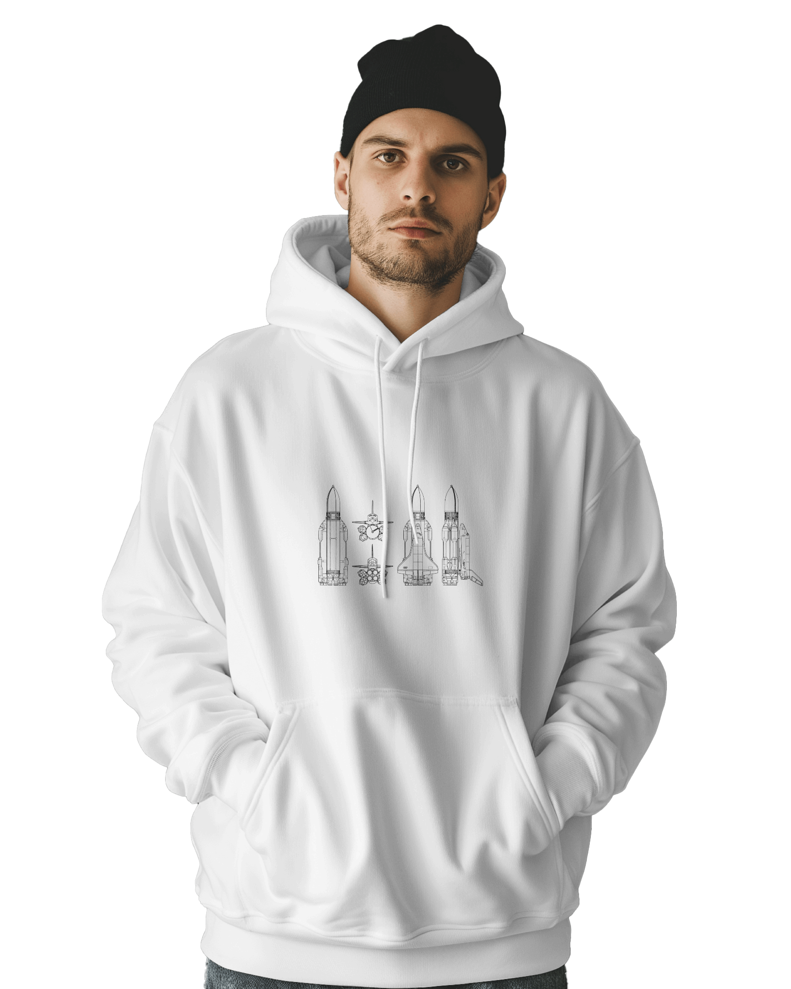 UNISEX WHITE ROCKETS HOODIE – SPACE EXPLORATION DESIGN