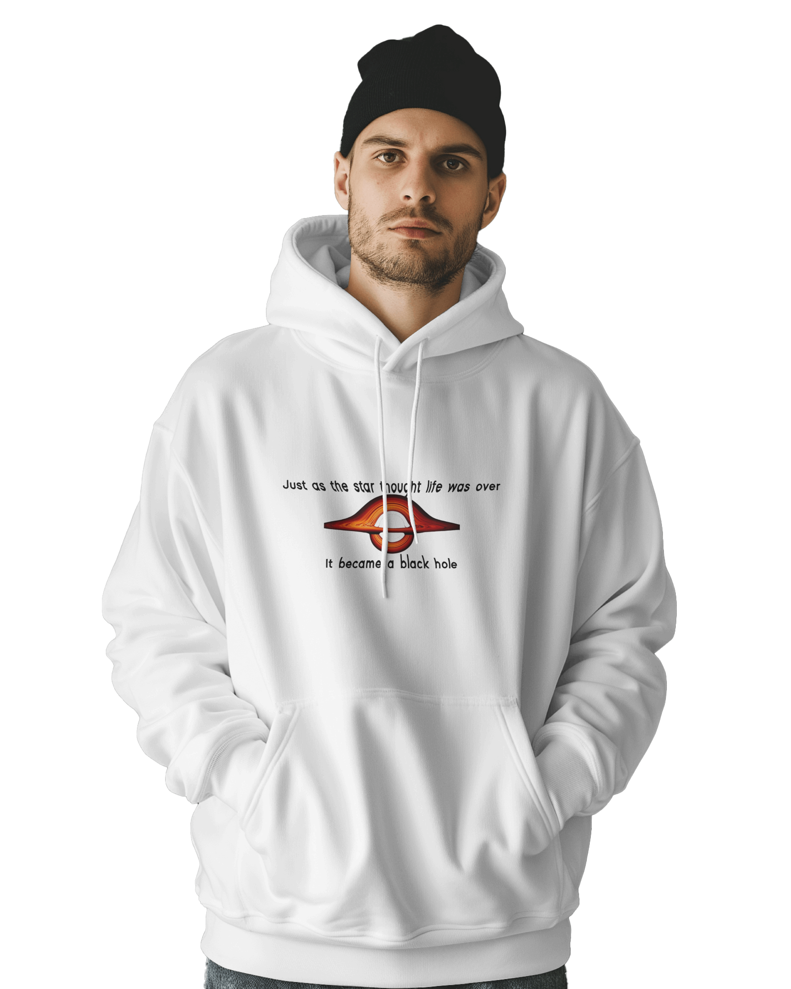 UNISEX WHITE BLACK HOLE HOODIE – INSPIRATIONAL SPACE DESIGN